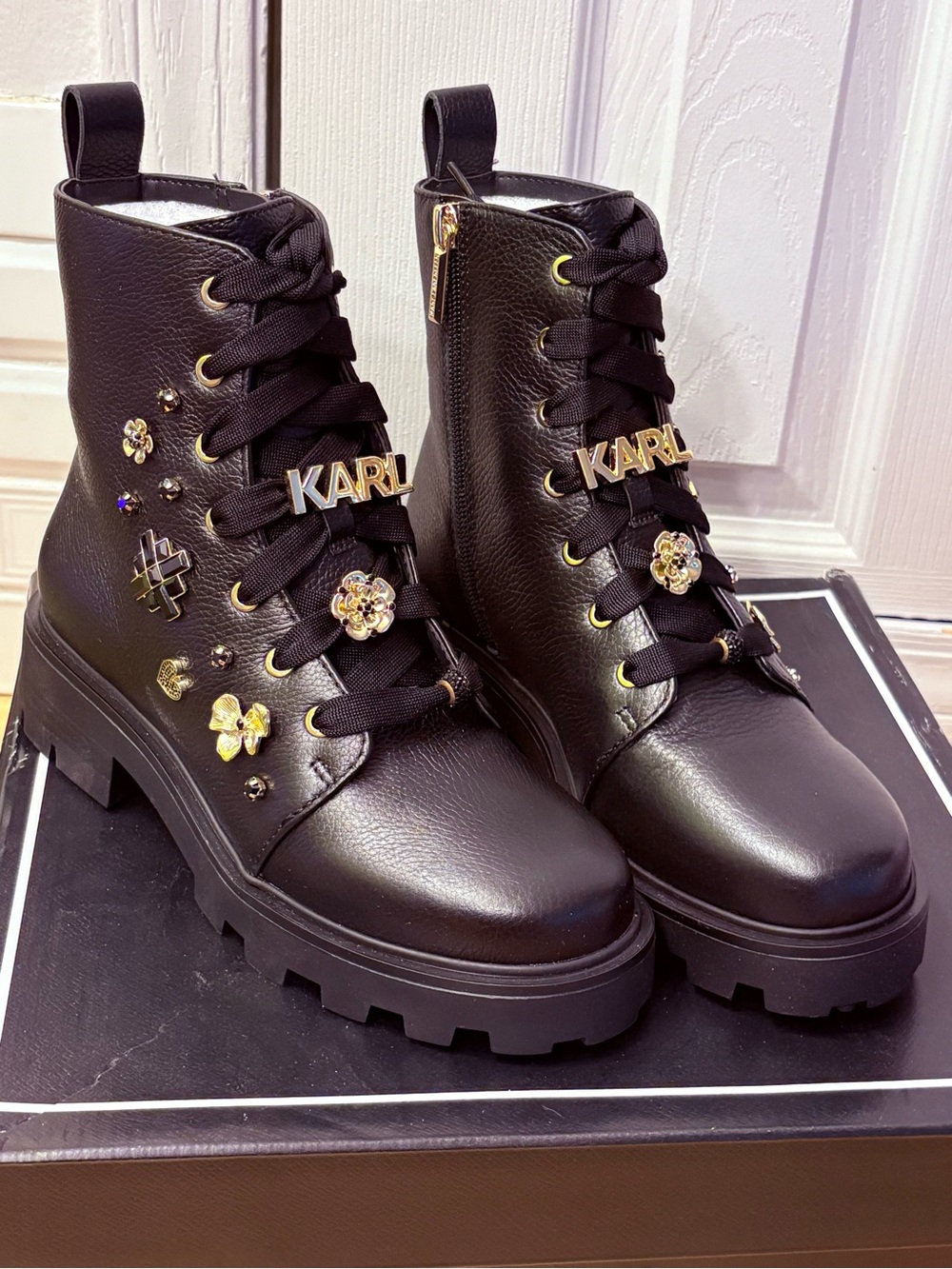 Karl Lagerfeld Black Leather Floral & Logo Combat Boots